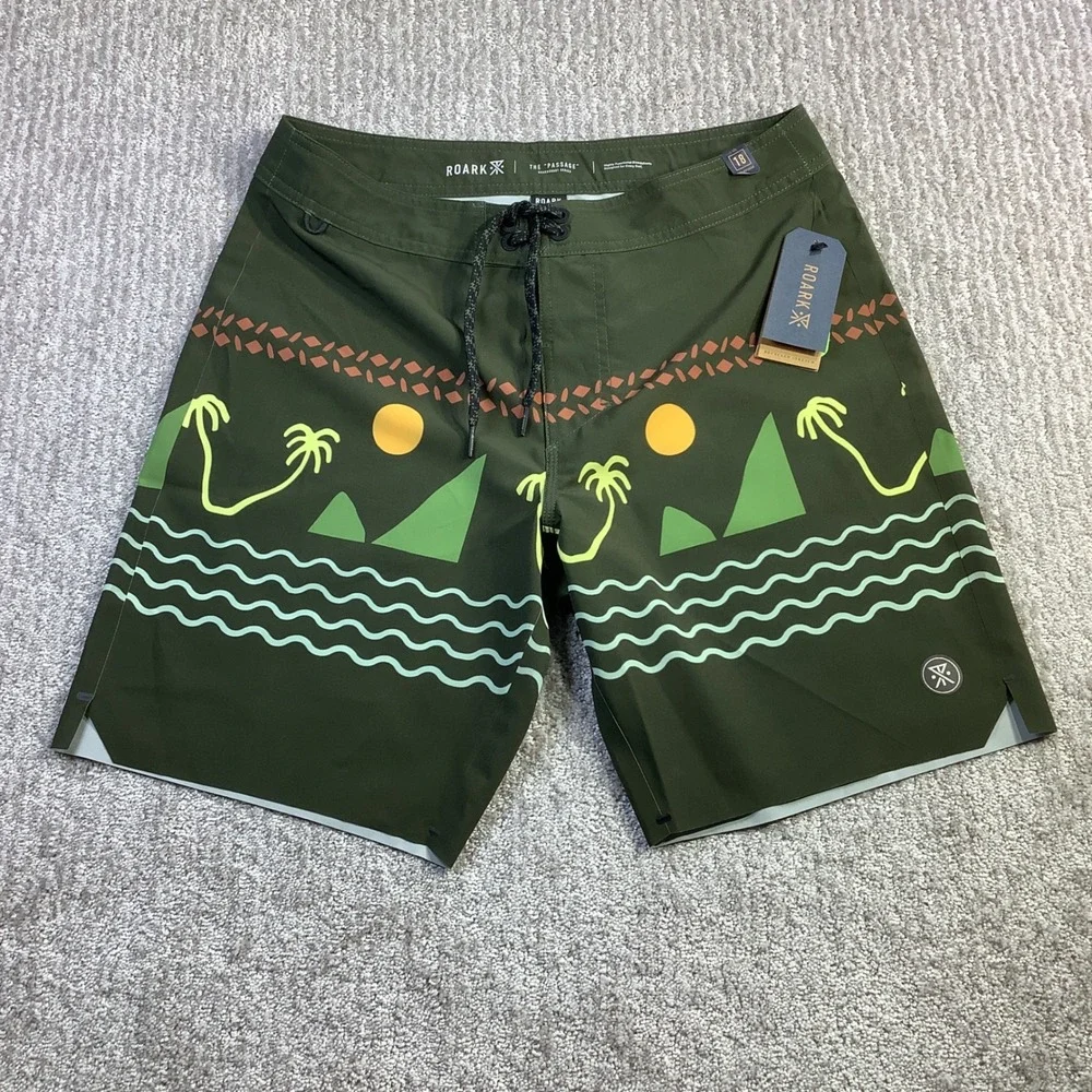 Roark Passage Primo Island Time Boardshorts Dark Military Green Mens Size 30 NWT